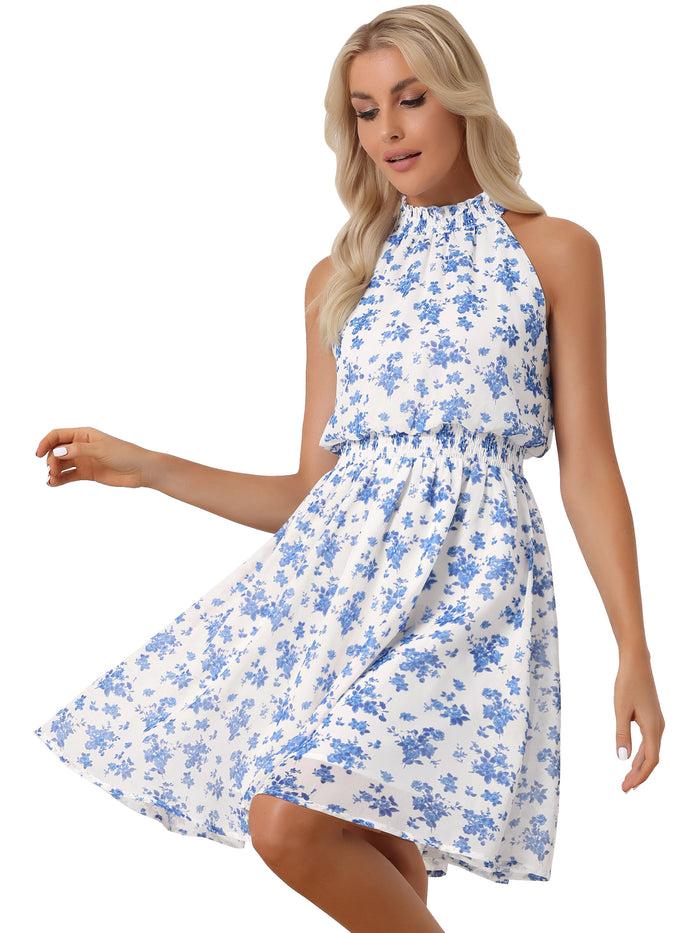Allegra K Halter Neck Sleeveless Smocked Waist Floral Mini Dress
