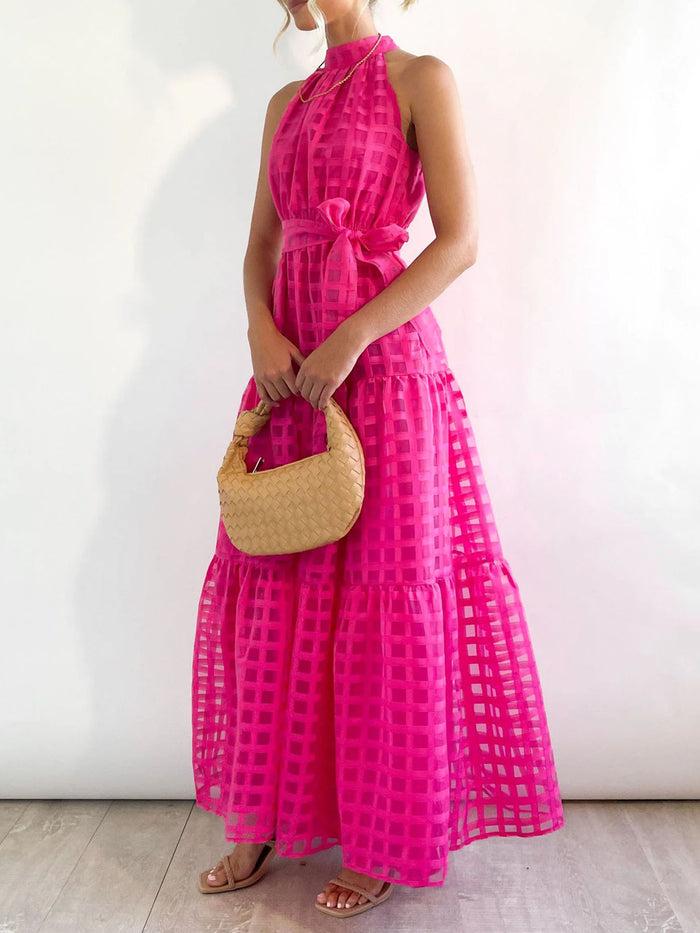 Allegra K Halter Neck Sleeveless Tie Waist Tiered Maxi Dress