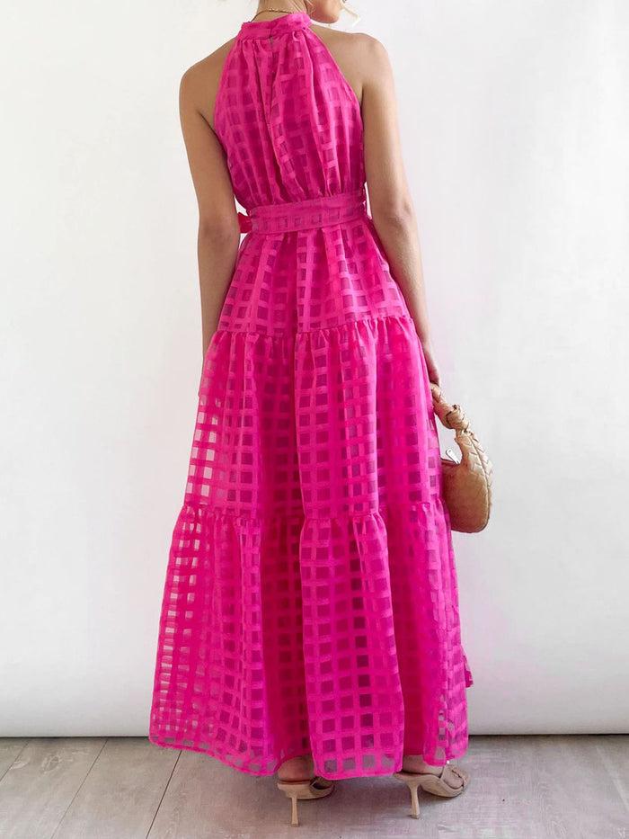 Allegra K Halter Neck Sleeveless Tie Waist Tiered Maxi Dress