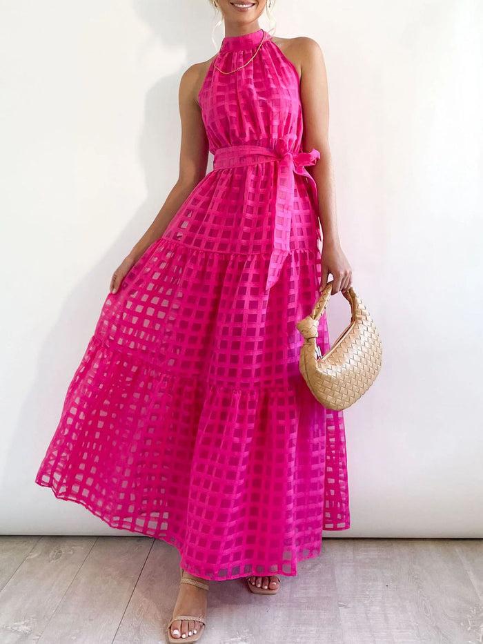 allegra k Halter Neck Sleeveless Tie Waist Tiered Maxi Dress