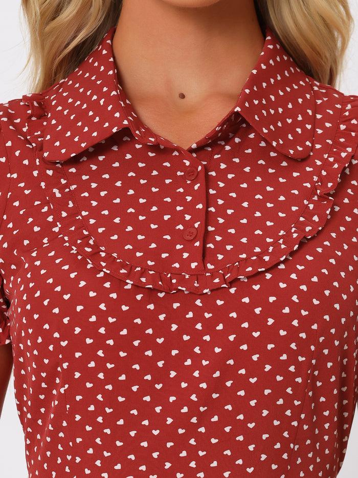 Allegra K Heart Print Lapel Collar Puff Short Sleeves Vintage Ruffled Dress