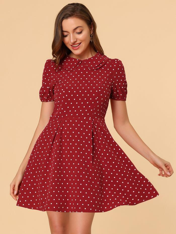 Allegra K Heart Print Short Sleeve A-Line Peter Pan Collar Mini Dress