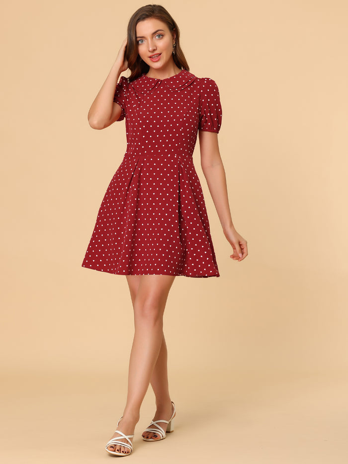 Allegra K Heart Print Short Sleeve A-Line Peter Pan Collar Mini Dress