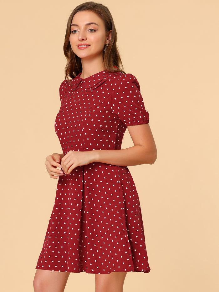 Allegra K Heart Print Short Sleeve A-Line Peter Pan Collar Mini Dress