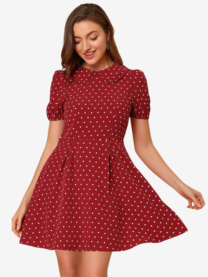 allegra k Heart Print Short Sleeve A-Line Peter Pan Collar Mini Dress