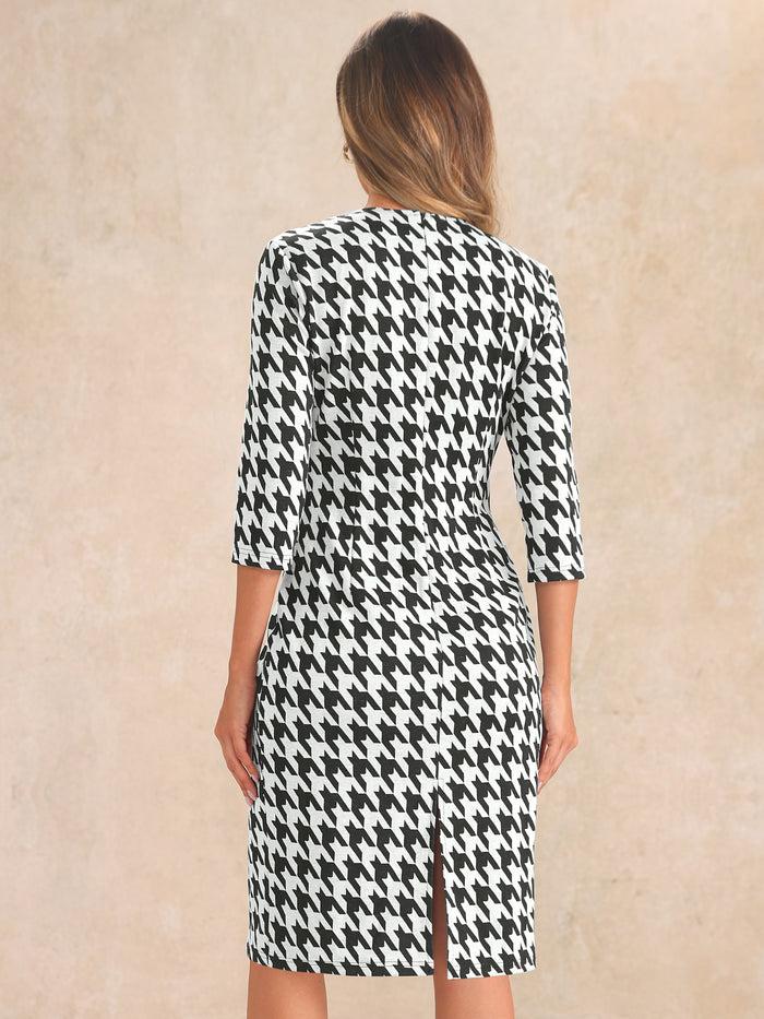 Allegra K Houndstooth 3/4 Sleeve Elegant Cinched Waist Sheath Dress