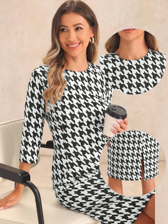Allegra K Houndstooth 3/4 Sleeve Elegant Cinched Waist Sheath Dress