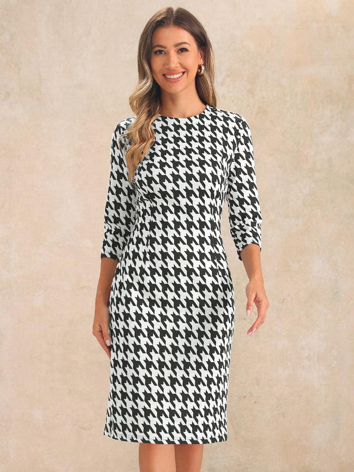 allegra k Houndstooth 3/4 Sleeve Elegant Cinched Waist Sheath Dress
