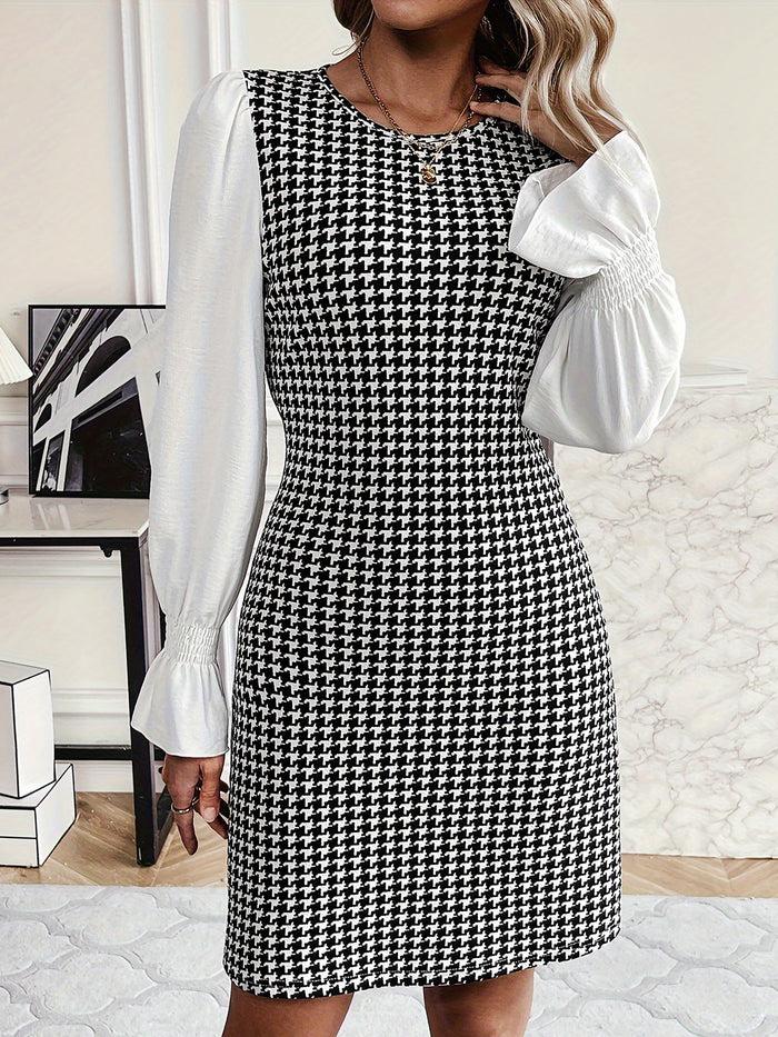allegra k Houndstooth Patchwork Long Sleeves Sheath Dress