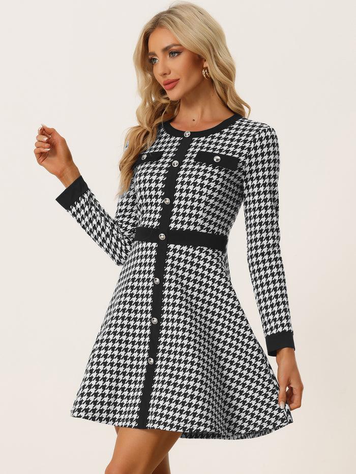 Allegra K Houndstooth Plaid Contrast Color Crew Neck Button A-Line Dress