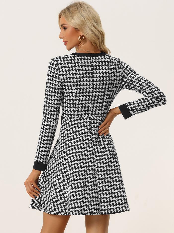 Allegra K Houndstooth Plaid Contrast Color Crew Neck Button A-Line Dress