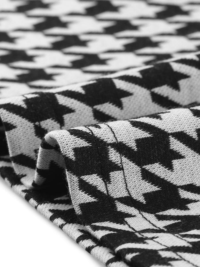 Allegra K Houndstooth Plaid Contrast Color Crew Neck Button A-Line Dress