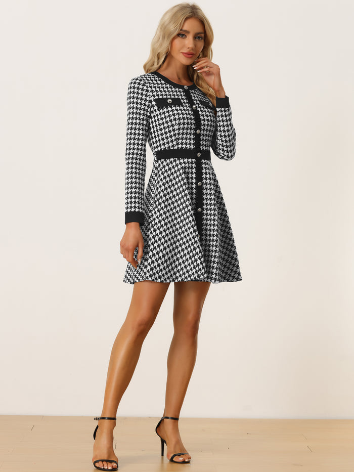 allegra k Houndstooth Plaid Contrast Color Crew Neck Button A-Line Dress