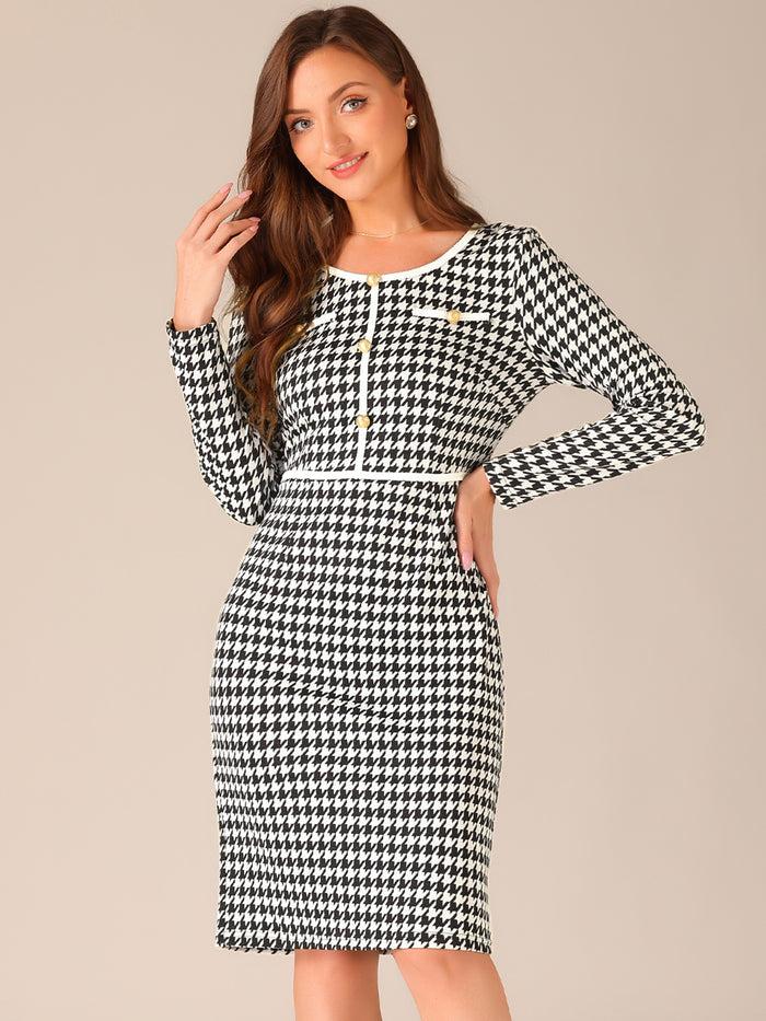 Allegra K Houndstooth Round Neck Long Sleeve Sheath Midi Dress
