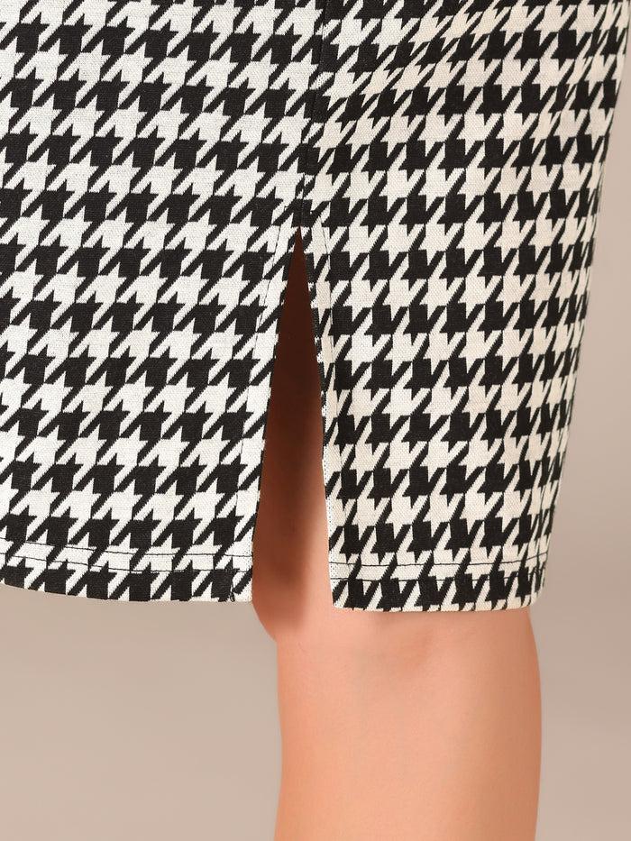 Allegra K Houndstooth Round Neck Long Sleeve Sheath Midi Dress