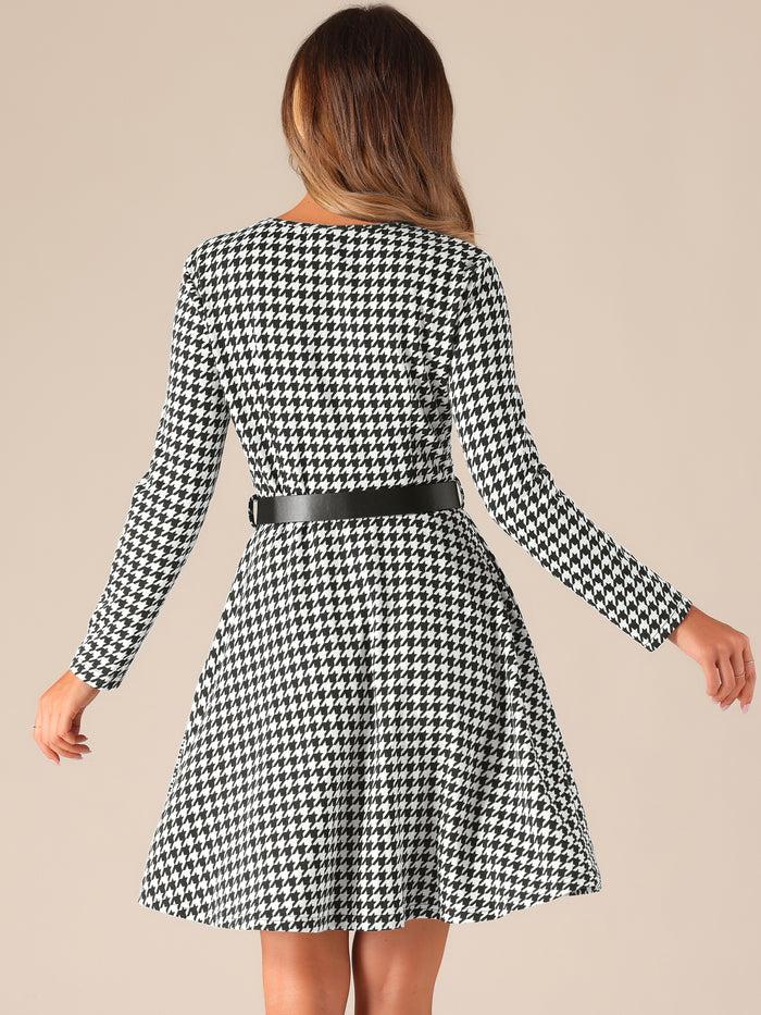 Allegra K Houndstooth Round Neck Long Sleeves Belt Pockets A-Line Dress