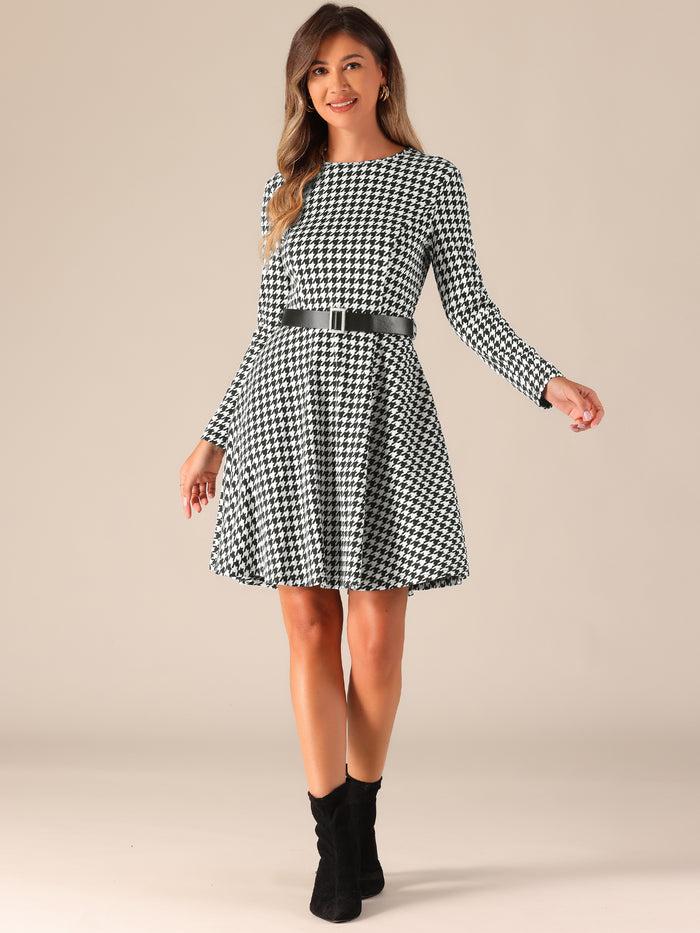 allegra k Houndstooth Round Neck Long Sleeves Belt Pockets A-Line Dress