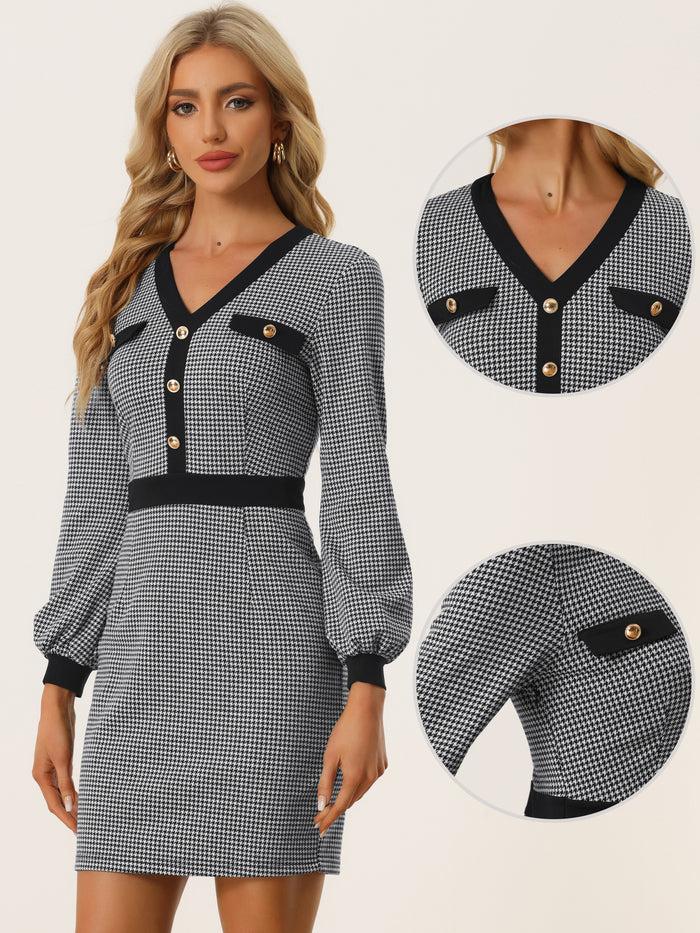Allegra K Houndstooth V Neck Long Sleeve Elegant Sheath Dresses