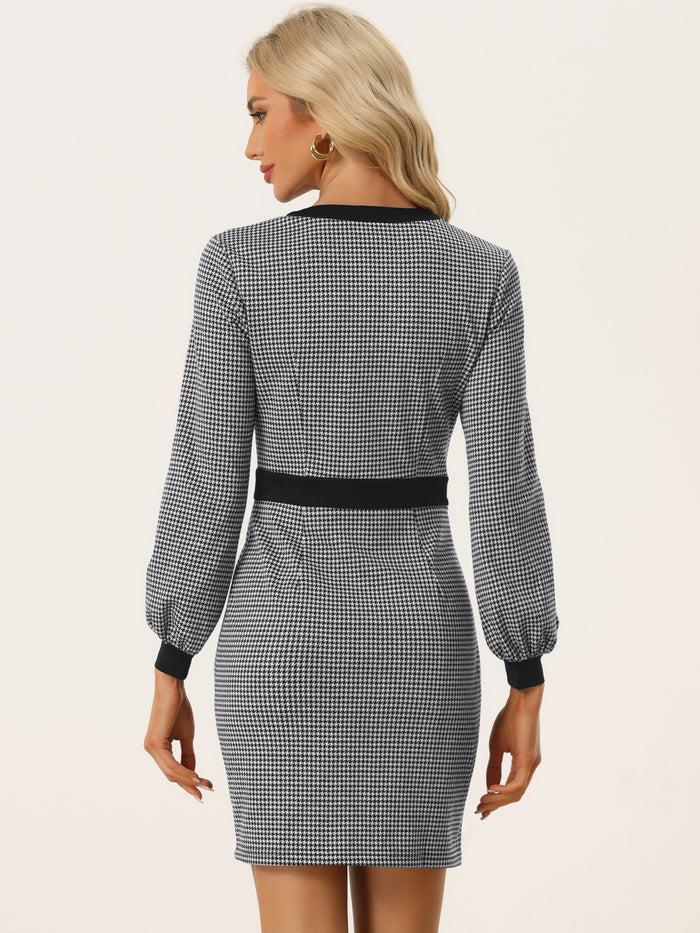 Allegra K Houndstooth V Neck Long Sleeve Elegant Sheath Dresses