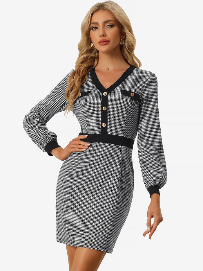 Allegra K Houndstooth V Neck Long Sleeve Elegant Sheath Dresses