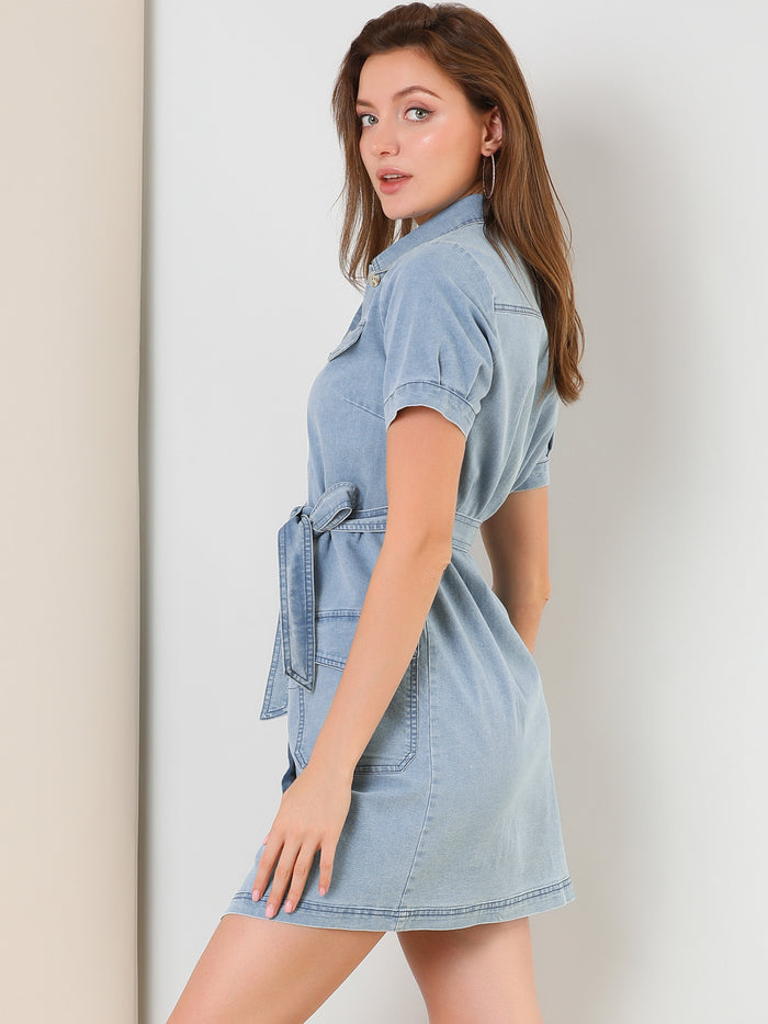 Allegra K Jean Casual Collared Belted Button Down Denim Shirt Dress