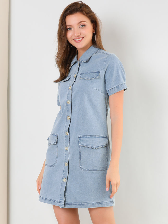 Allegra K Jean Casual Collared Belted Button Down Denim Shirt Dress