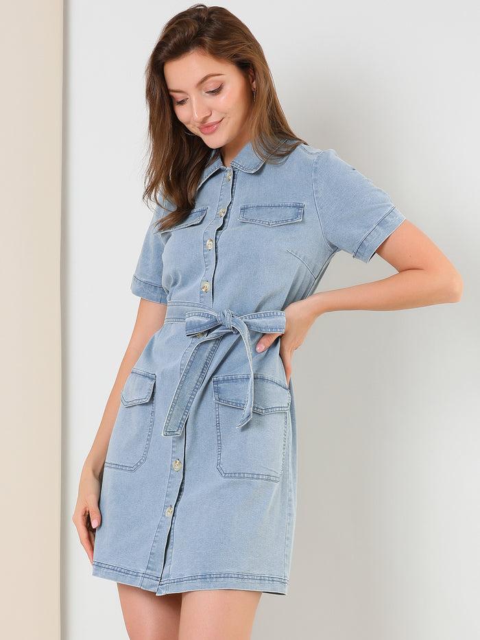 allegra k Jean Casual Collared Belted Button Down Denim Shirt Dress