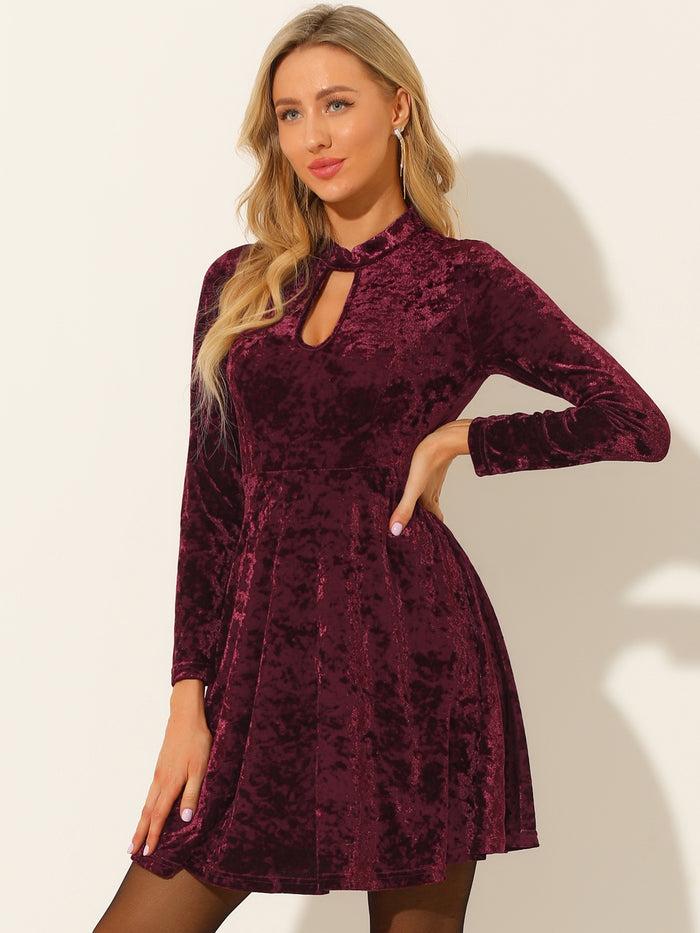 Allegra K Keyhole Neck High Waist Long Sleeve Velvet Swing Mini Dress