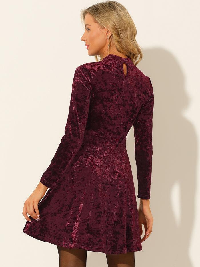 Allegra K Keyhole Neck High Waist Long Sleeve Velvet Swing Mini Dress
