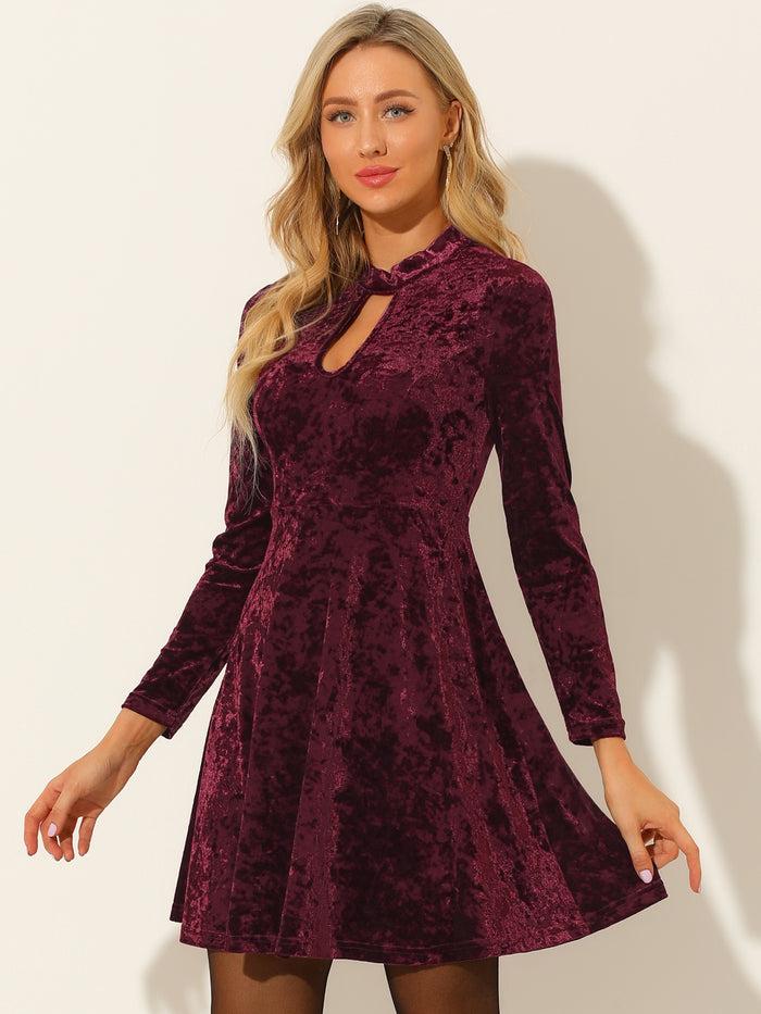 allegra k Keyhole Neck High Waist Long Sleeve Velvet Swing Mini Dress