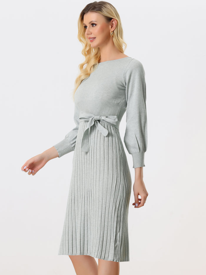Allegra K Knit Belted Crew Neck Lantern Sleeve Casual Pleated Sweater Dress