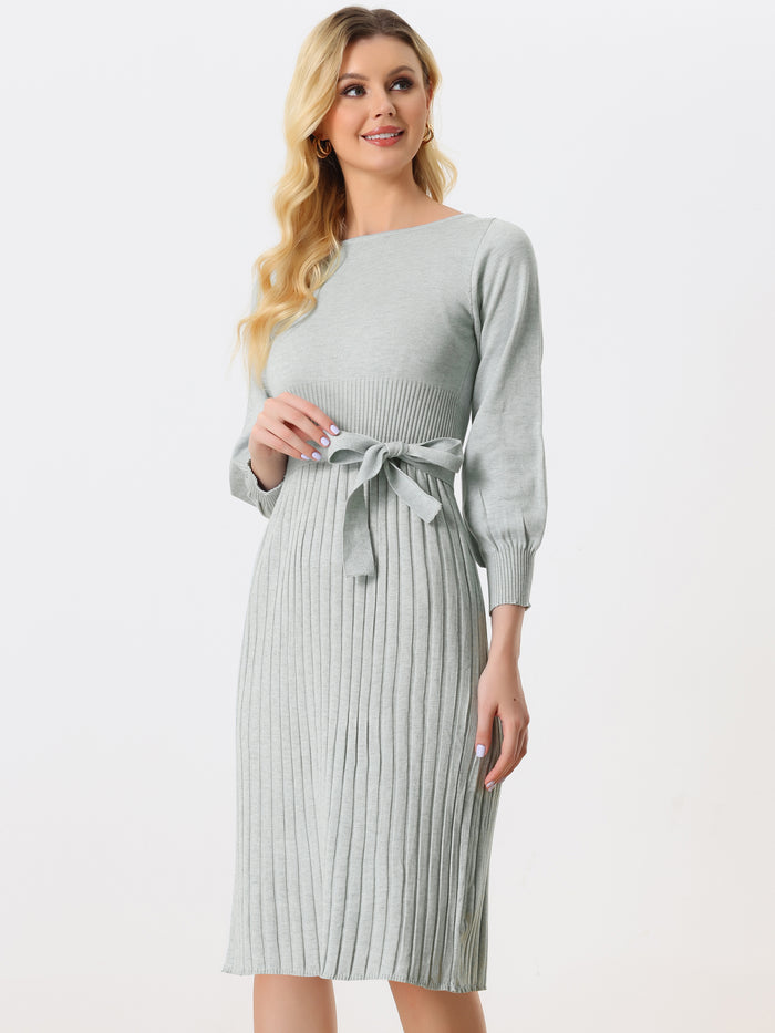 allegra k Knit Belted Crew Neck Lantern Sleeve Casual Pleated Sweater Dress