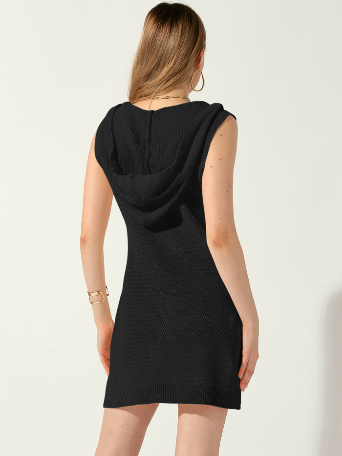 Allegra K Knitted Beach Summer Cover-up Tank Sleeveless Hooded Mini Dress
