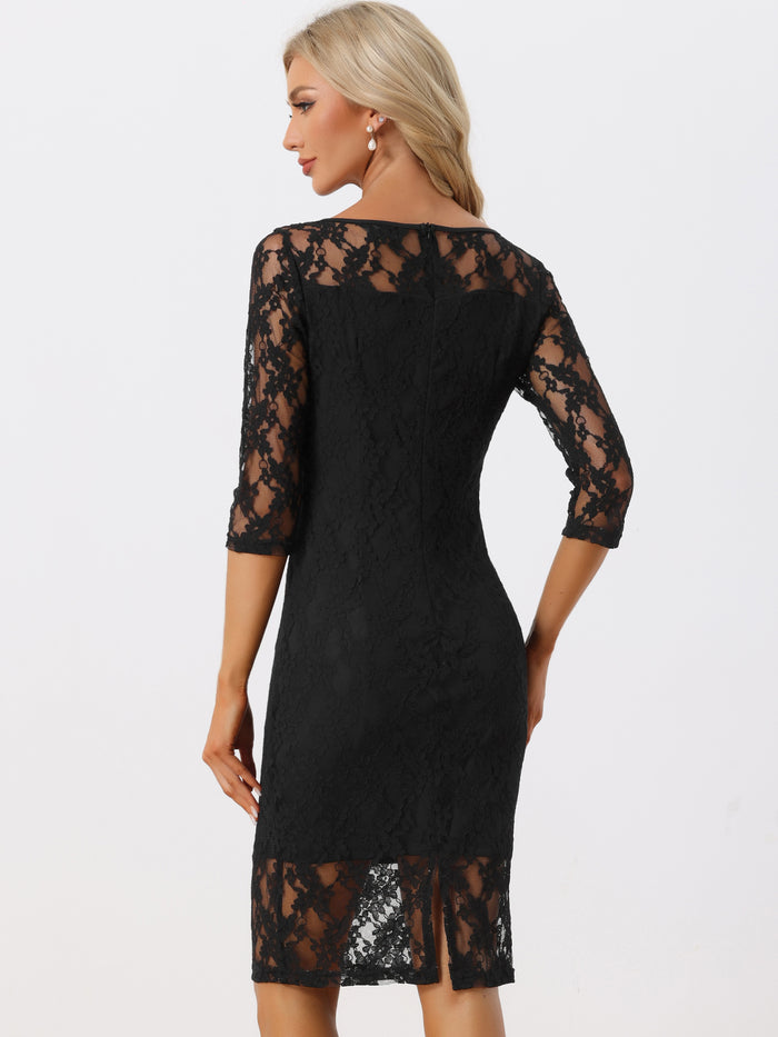 Allegra K Lace 3/4 Sleeve Dress Square Neck Midi Straight Tired