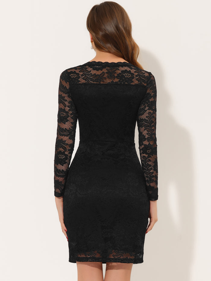Allegra K Lace Boat Neck Long Sleeve Cocktail Bodycon Pencil Dress