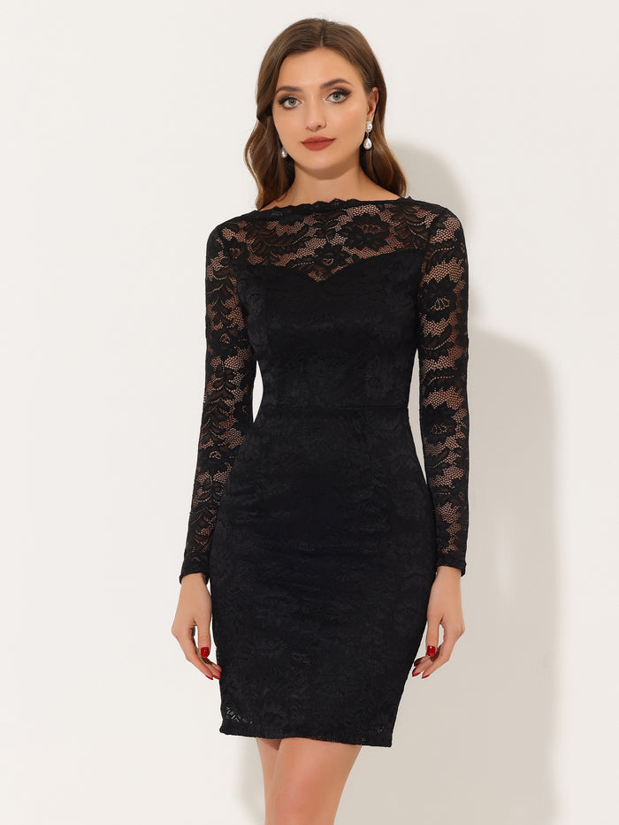 allegra k Lace Boat Neck Long Sleeve Cocktail Bodycon Pencil Dress