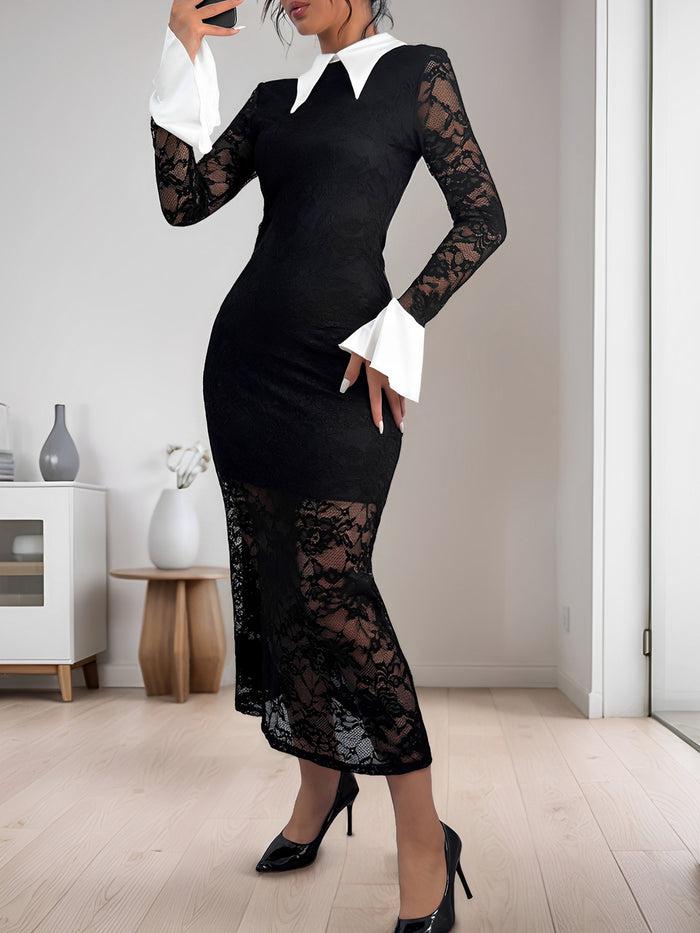 Allegra K Lace Colorblock Long Sleeves Bodycon Maxi Dress