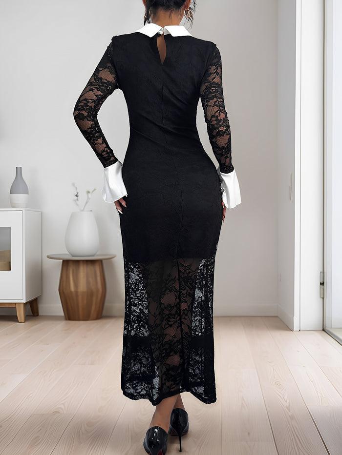 Allegra K Lace Colorblock Long Sleeves Bodycon Maxi Dress