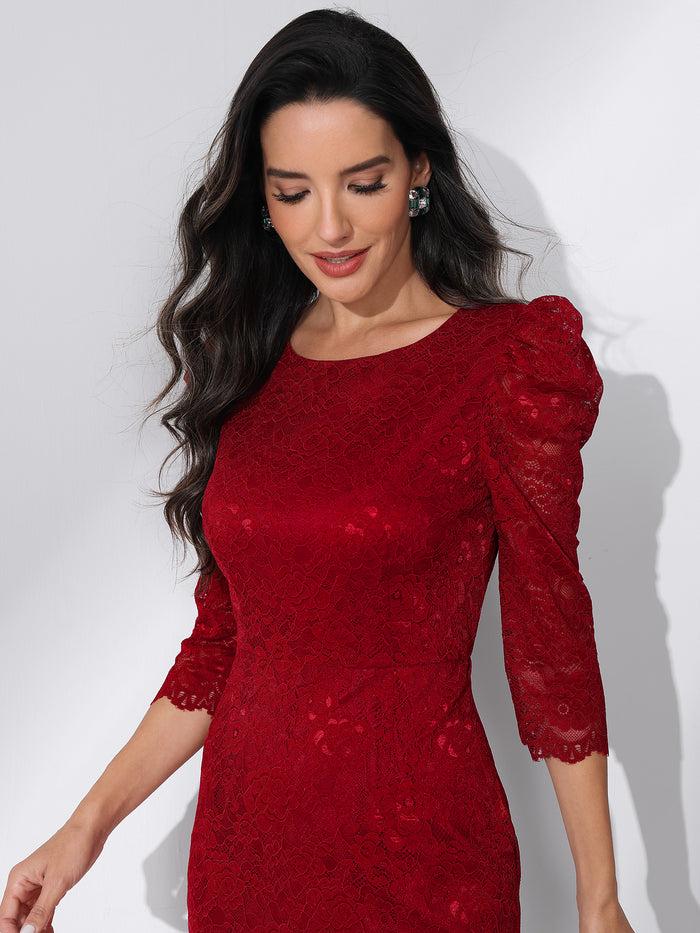 Allegra K Lace Floral Crew Neck 3/4 Sleeve Bodycon Guest Cocktail Dress