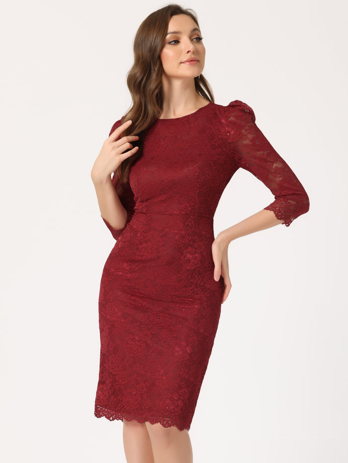 Allegra K Lace Floral Crew Neck 3/4 Sleeve Bodycon Guest Cocktail Dress