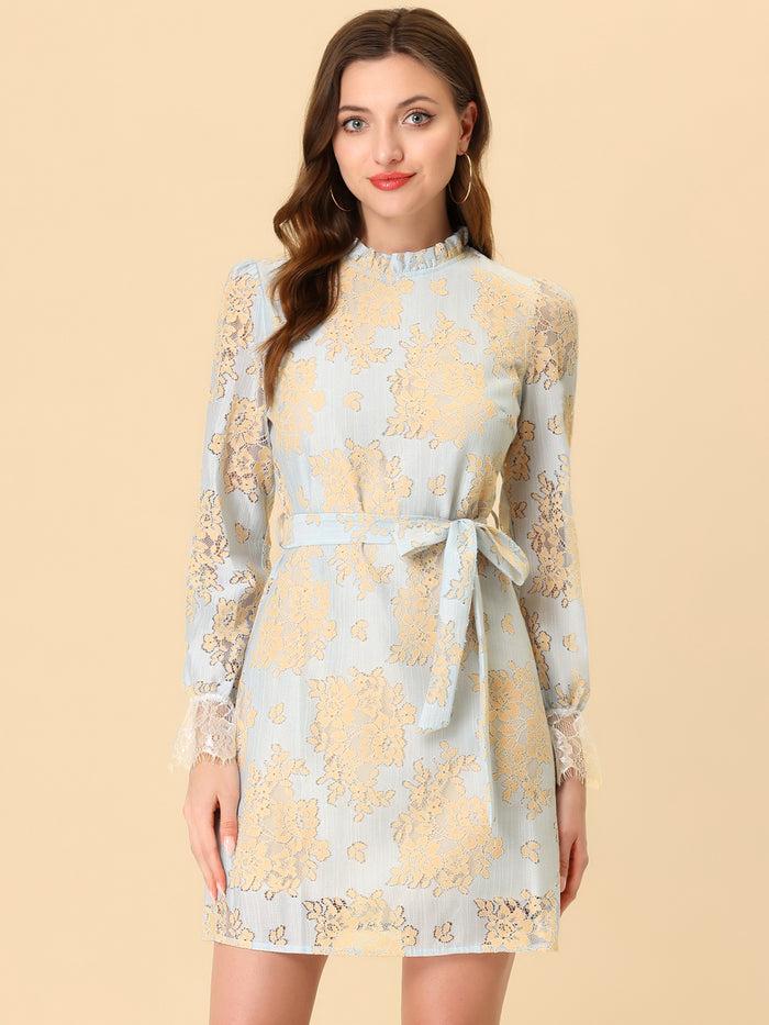 Allegra K Lace Floral Ruffle Crew Neck Cocktail Mini Dress
