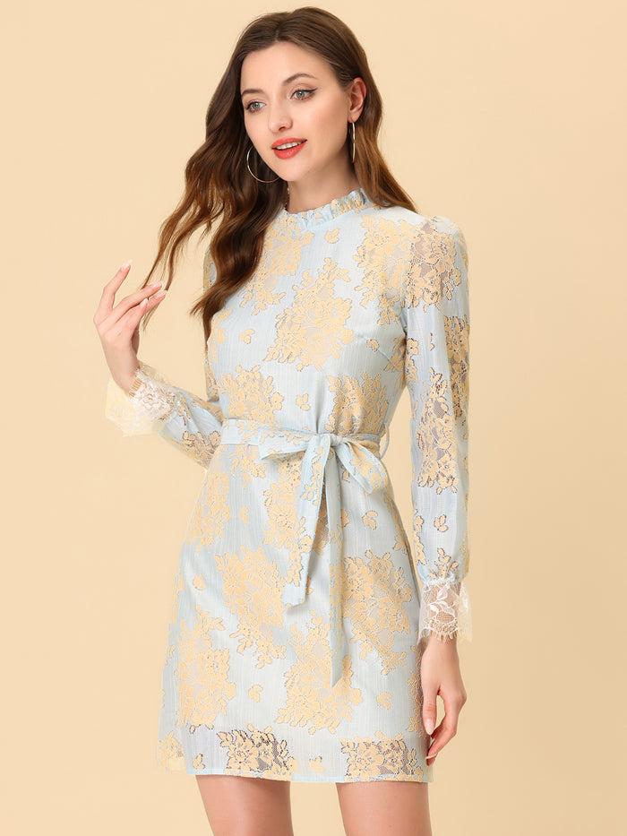 allegra k Lace Floral Ruffle Crew Neck Cocktail Mini Dress