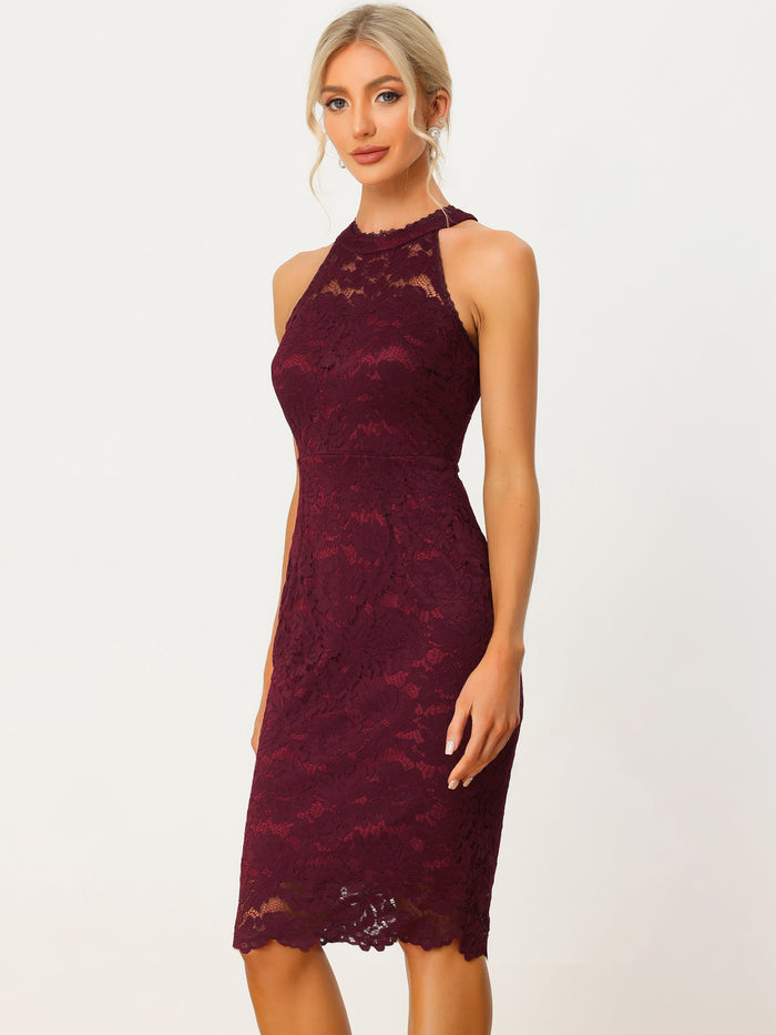Allegra K Lace Halter Elegant Sleeveless Bodycon Wedding Cocktail Sheath Dress