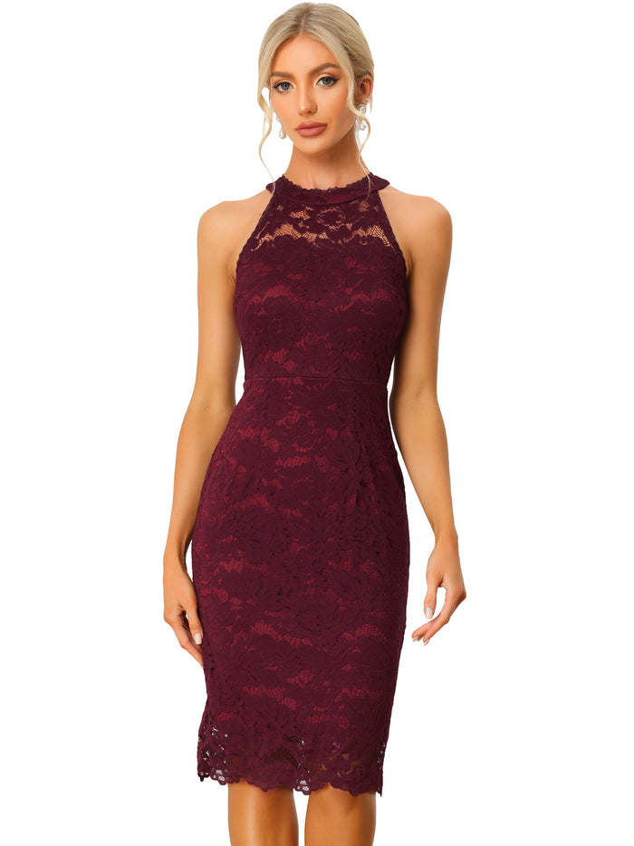 Allegra K Lace Halter Elegant Sleeveless Bodycon Wedding Cocktail Sheath Dress