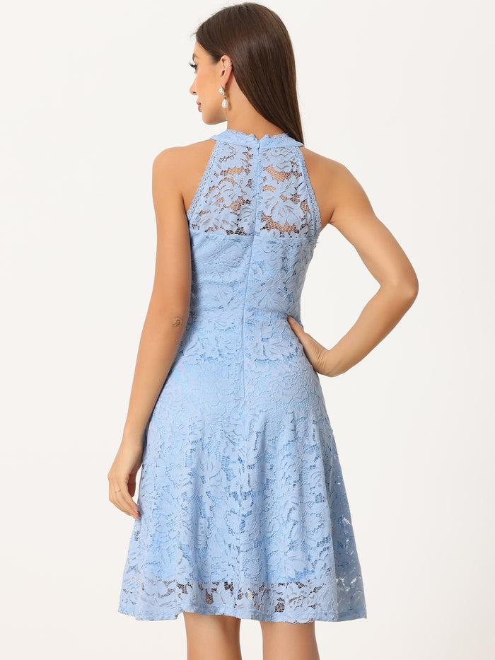 Allegra K Lace Halter Neck Sleeveless Elegant Cocktail A-Line Dress