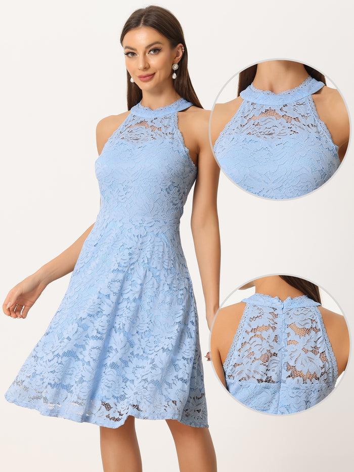 Allegra K Lace Halter Neck Sleeveless Elegant Cocktail A-Line Dress