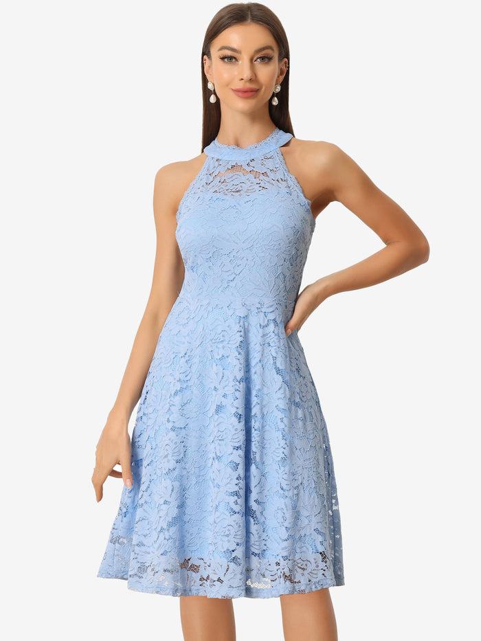 Allegra K Lace Halter Neck Sleeveless Elegant Cocktail A-Line Dress