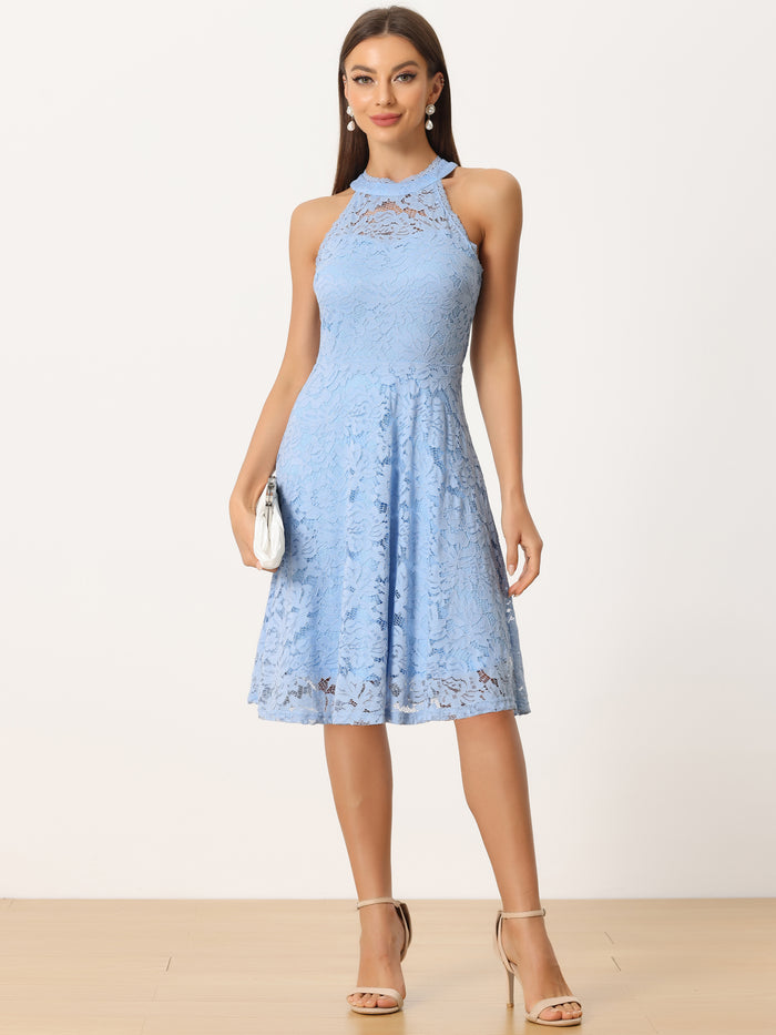 allegra k Lace Halter Neck Sleeveless Elegant Cocktail A-Line Dress