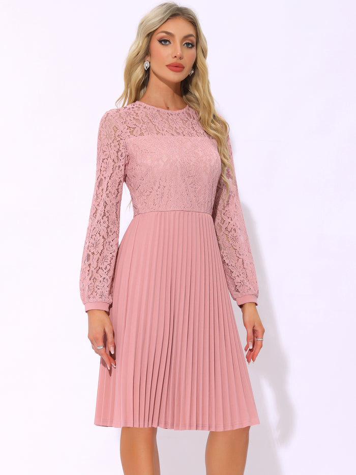 Allegra K Lace Long Sleeves Belted Pleated Midi Dress