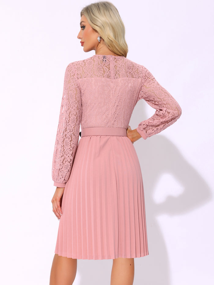 Allegra K Lace Long Sleeves Belted Pleated Midi Dress